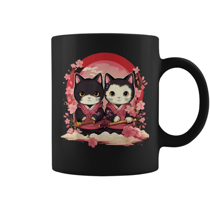 Kawaii Japonés Parejasamurai Ninja Gatos Guerrero Arte Taza de café