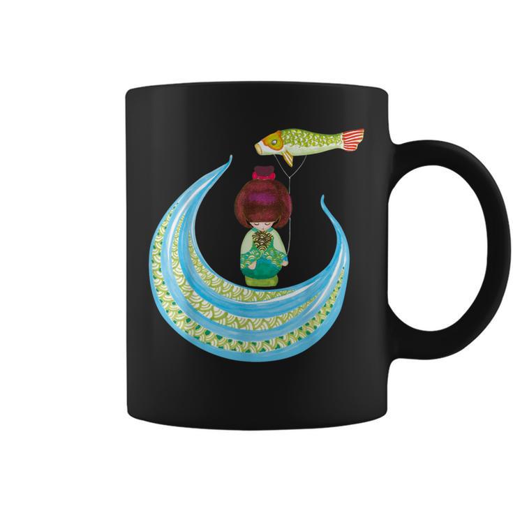 Muñeca Japonesa Tradicional Y Bandera De La Carpa Kokeshi Taza de café