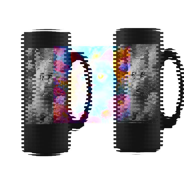 「お花畑のルディ猫」 油絵風ファンタジーアート 綺麗 かわいい オッドアイ リアル コーヒーマグ