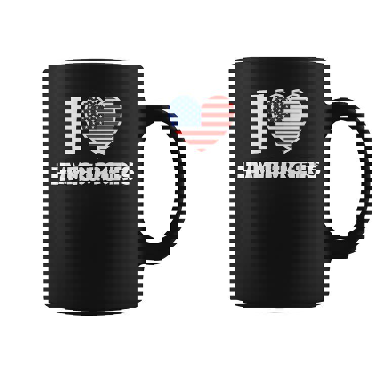 アメリカ国旗とハートのアイ・ラブ・ハンバーガー コーヒーマグ