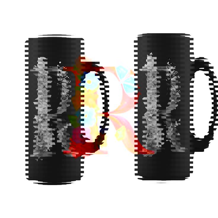 イニシャル R アルファベット バタフライ ローズ 花 水彩 モノグラム コーヒーマグ