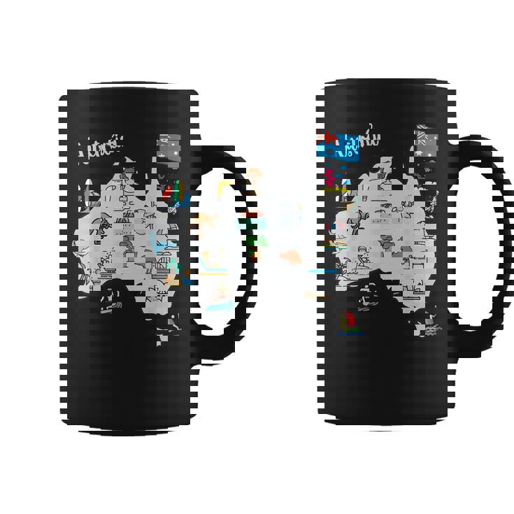 オーストラリアの地図。風景、動物、文化、シンボルのアイコン コーヒーマグ