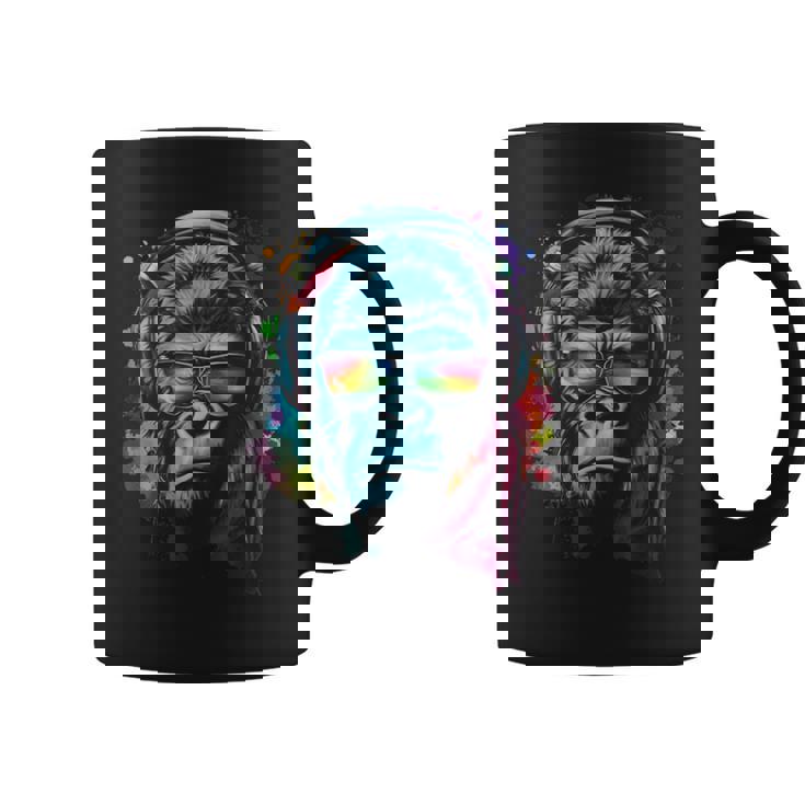カラフルなゴリラとヘッドフォン レインボー バイブス エイプ モチーフ コーヒーマグ