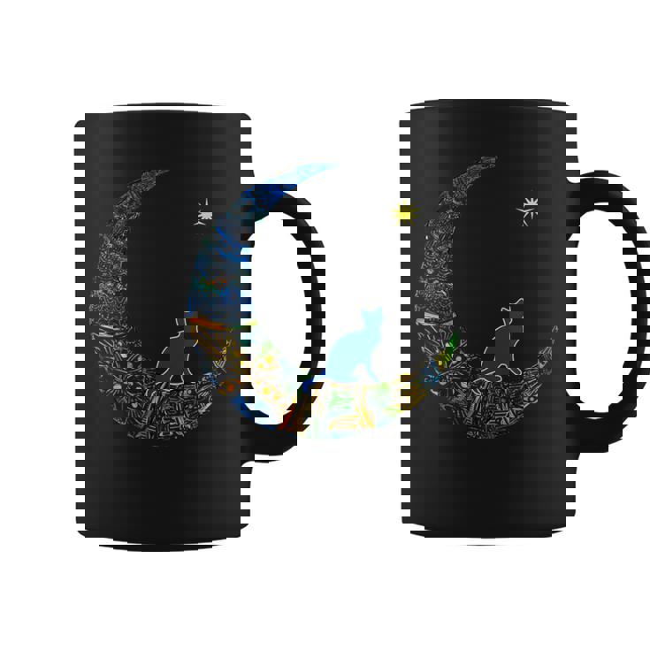 カラフルな曼荼羅三日月と猫と星 コーヒーマグ