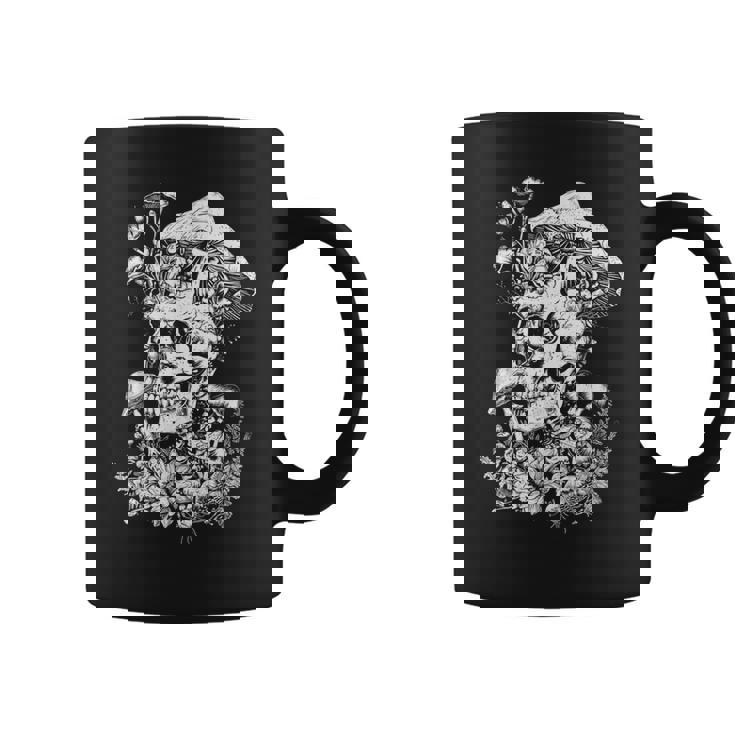 キノコや花があしらわれた骸骨の幻覚的なイラスト コーヒーマグ