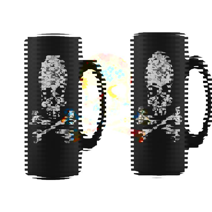 ジョリー・ロジャーのシルエット 花柄 スカル＆クロスボーン コーヒーマグ