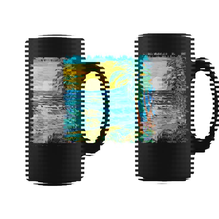 トロピカルビーチ 太陽 オーシャン ヤシの木 ゴッホスタイル アートデザイン コーヒーマグ