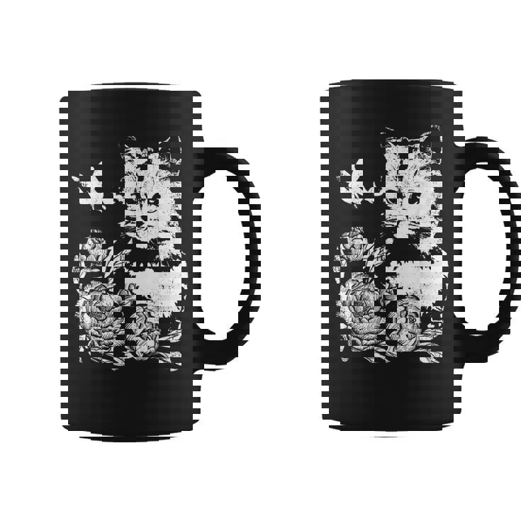 バラと蝶の猫、花柄 コーヒーマグ