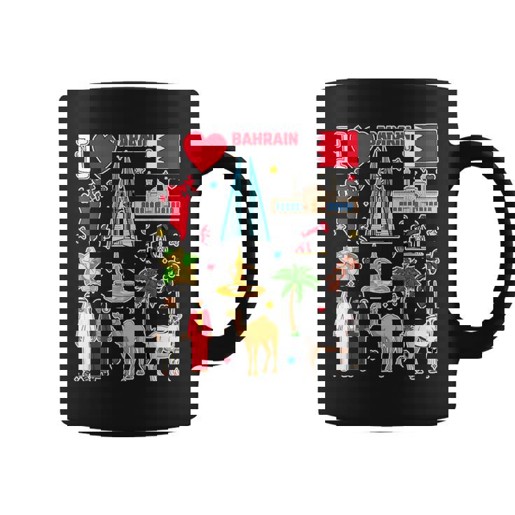 バーレーンの手描きシンボル、バーレーンの地図、文化的アイコン コーヒーマグ