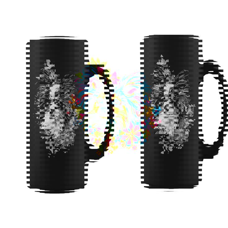 フローラル・ポップ・アート カラフルなパピヨン コーヒーマグ