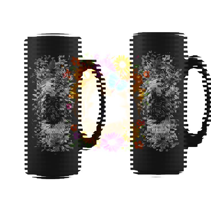 ペキニーズ犬 キュート 花柄 ひまわり コテージコア ママ お父さん コーヒーマグ