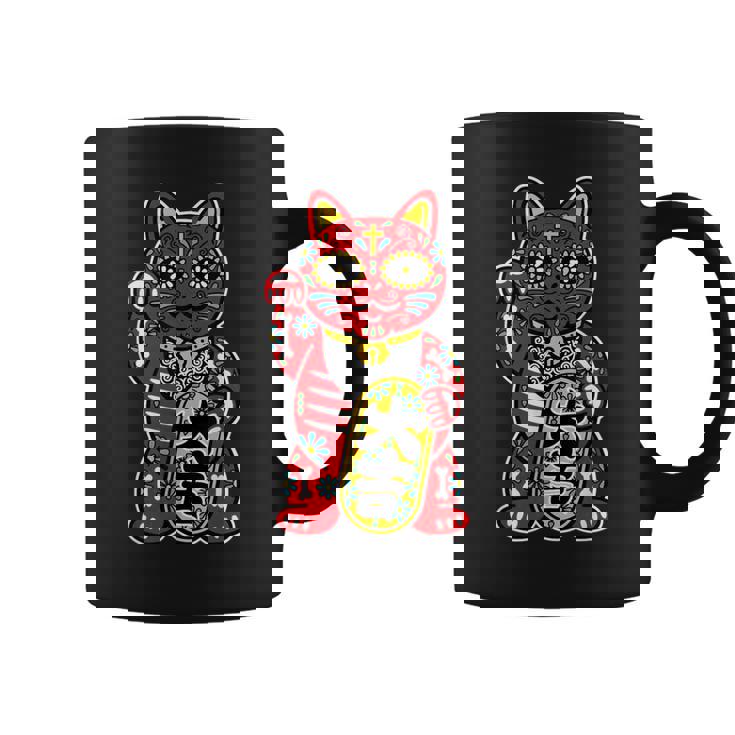 メキシコ 死者の日 と 招き猫 ネコ を組合わせた シュガー スカル キャット 赤 レッド 大吉 猫好き ねこマニア コーヒーマグ