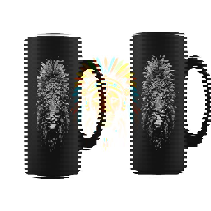 ライオン インディアン ヘッドドレス 羽 部族 ライオン コーヒーマグ