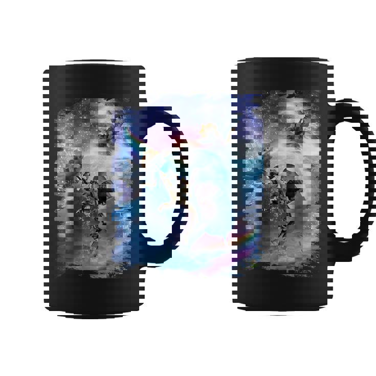 レインボーギャラクシー 宇宙に乗るサメに乗る猫 コーヒーマグ