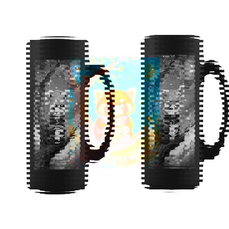 愛らしいレッサーパンダとティーカップの星月夜イラスト コーヒーマグ