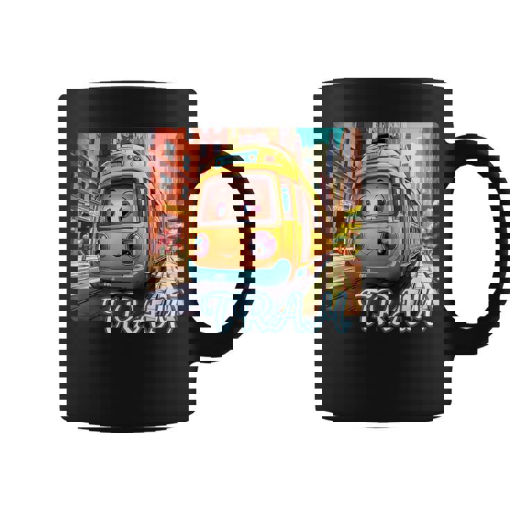 路面電車 Tram かわいい乗り物 おもちゃの乗り物 漫画風電車 鉄道ファン 鉄道旅行 鉄道模型ファン 鉄道風景 コーヒーマグ