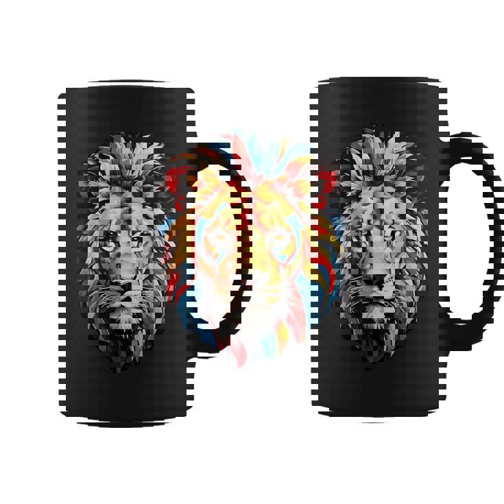 雄大なライオンヘッド 赤、黄、青の芸術的なたてがみ コーヒーマグ