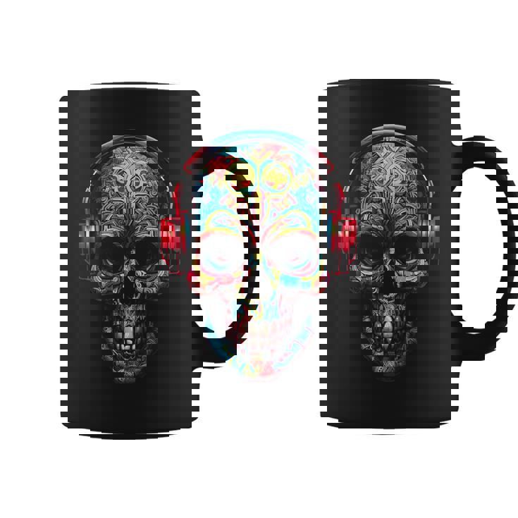 頭蓋骨アート曼荼羅ファンタジーカラフルなヘッドフォンモチーフの頭蓋骨 コーヒーマグ