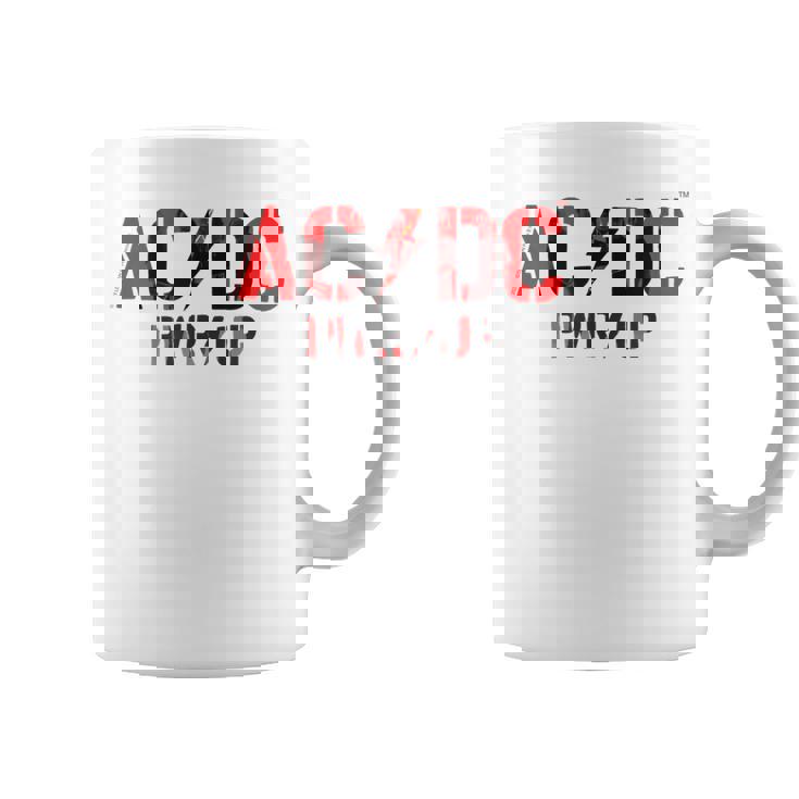 AcDcロックミュージックバンドpwrupフォトロゴ。 コーヒーマグ