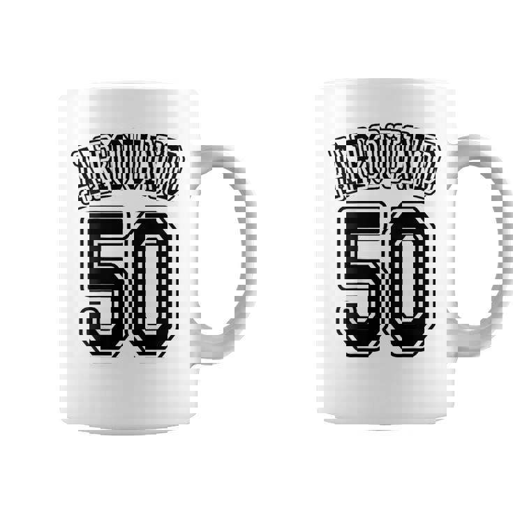 【バックプリント・背中側】Around 50 アラフィフ（五十歳 50才）ユニフォーム風 50代 誕生日プレゼント 面白 コーヒーマグ