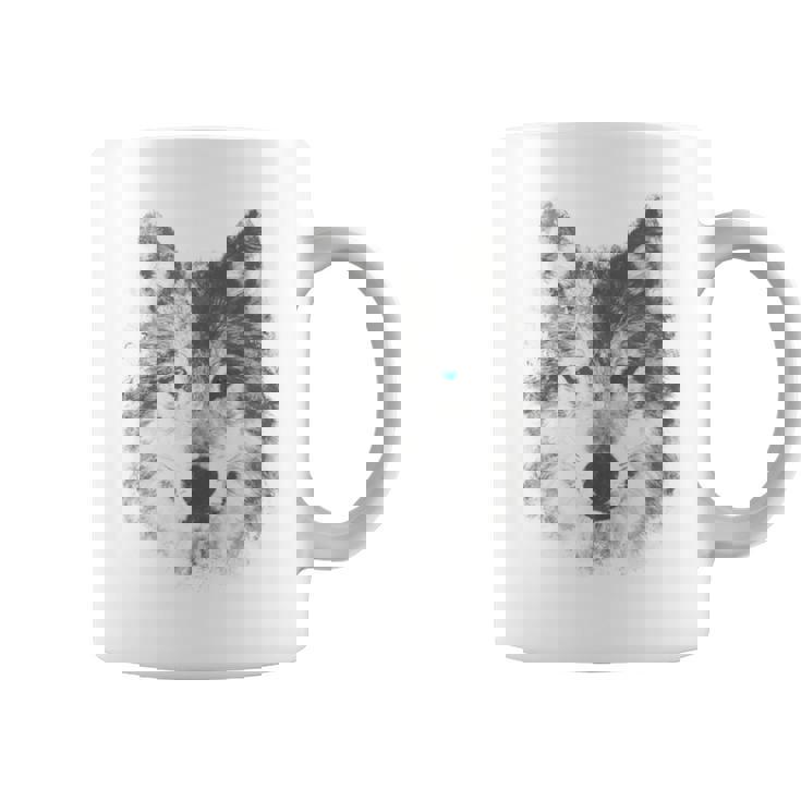 オオカミの顔 青い目 美的スマッジアートスタイル 野生動物 コーヒーマグ