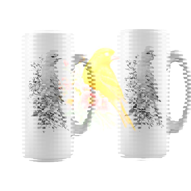 カナリアの鳥好き、ピンクの花のかわいい鳥、自然。 コーヒーマグ