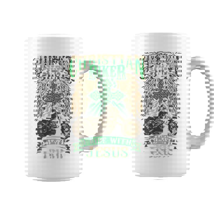 キリスト教バイカーライドウィズジーザスオートバイバックプリントデザイン コーヒーマグ