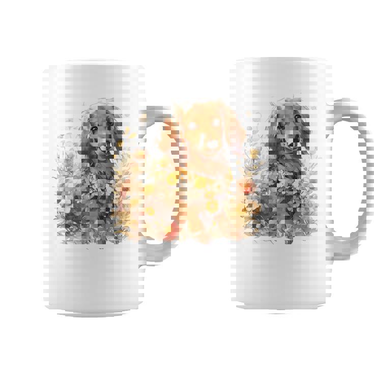 クリーム色の花のダックスフント 愛らしいミニドキシー犬 コーヒーマグ