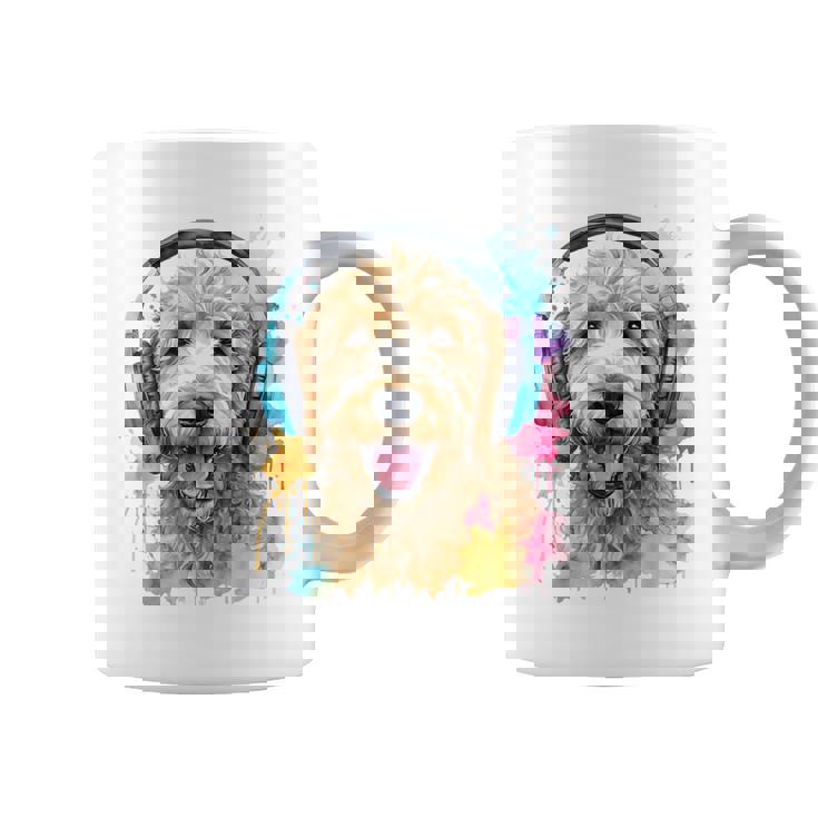 ゴールデンドゥードル、ヘッドフォン、犬、動物プリント コーヒーマグ