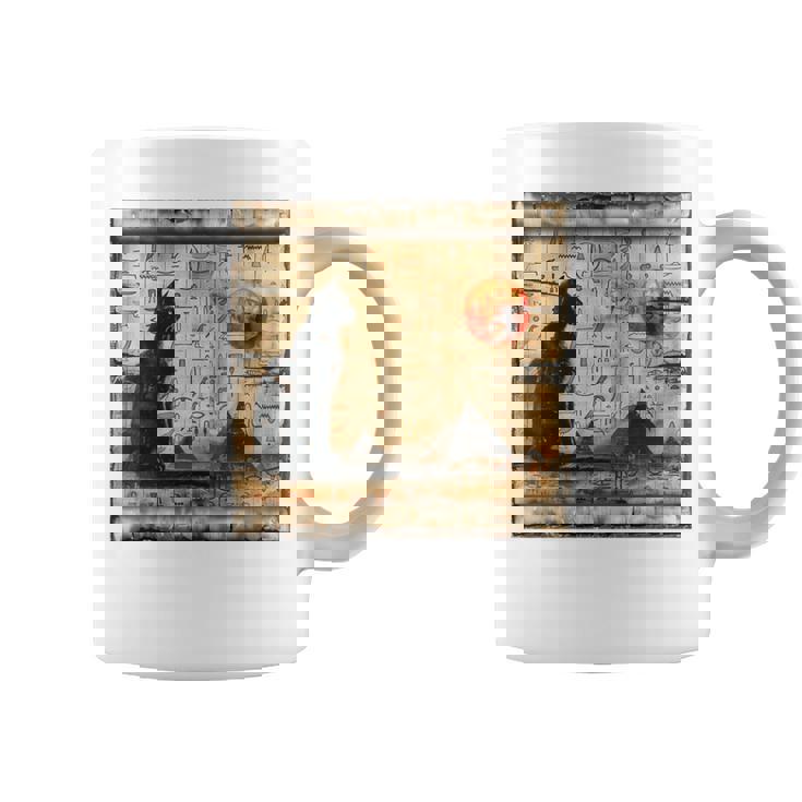 サンセット ピラミッド パピルス スクロール 砂漠 エジプトアート 猫 長袖tシャツ コーヒーマグ