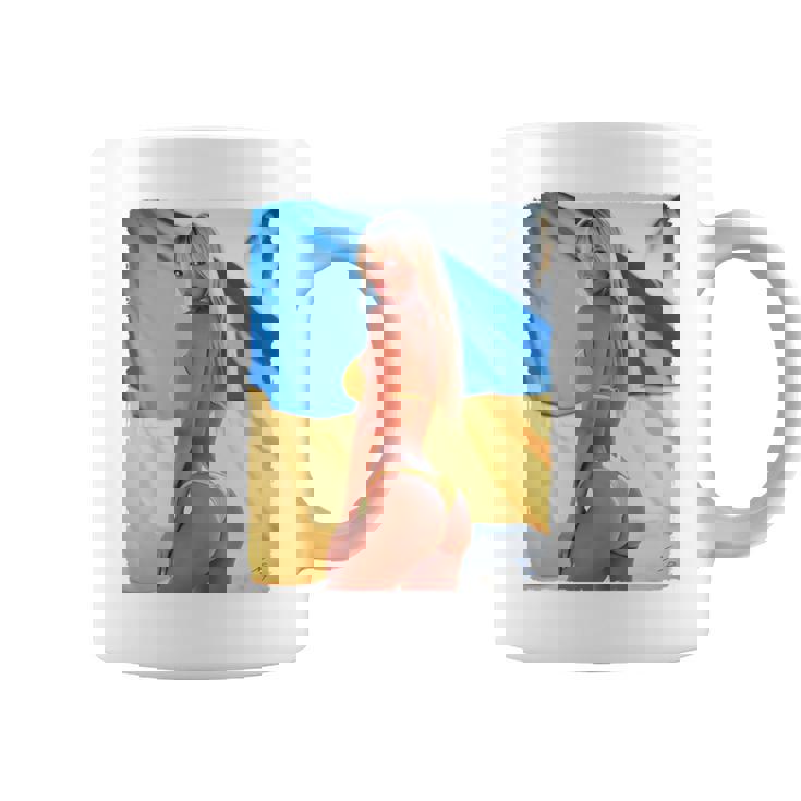 セクシーガールグラフィックtシャツ 「モダンピンナップガール&ウクライナ国旗2」 長袖tシャツ コーヒーマグ