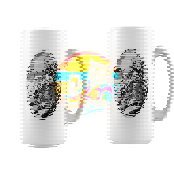 ビーチでドリンクを飲みながらリラックスできるレトロなヴィンテージクールな猫 長袖tシャツ コーヒーマグ