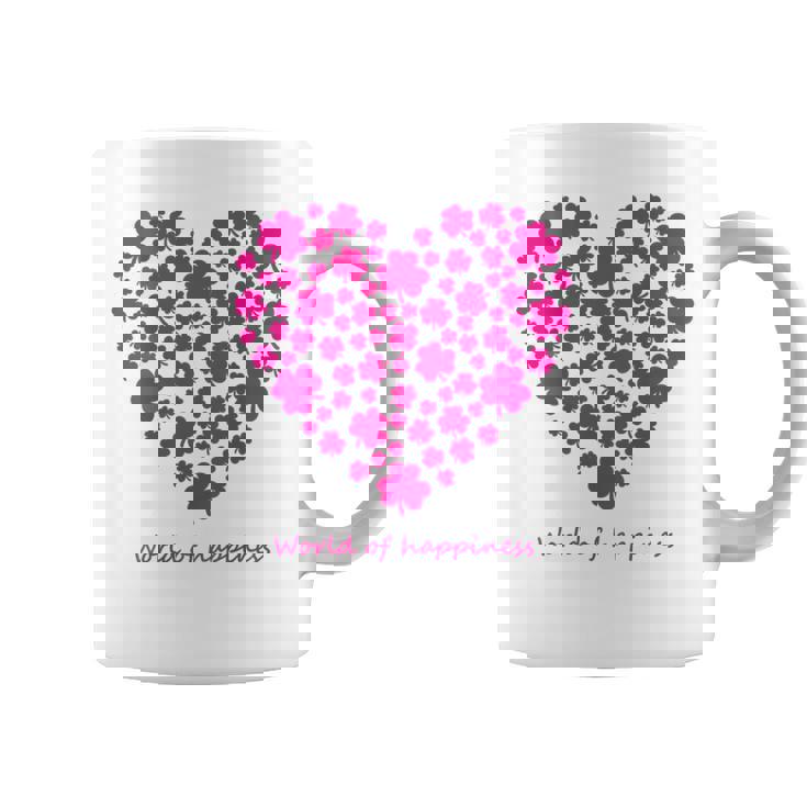 世界中の幸せを願う 可愛い ハート ピンク クローバー 反戦 平和 バックプリント コーヒーマグ