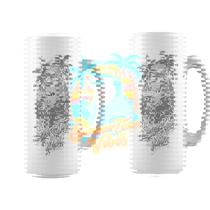 夏休み サメ ビーチ トロピカル サンセット ヤシの木 長袖tシャツ コーヒーマグ