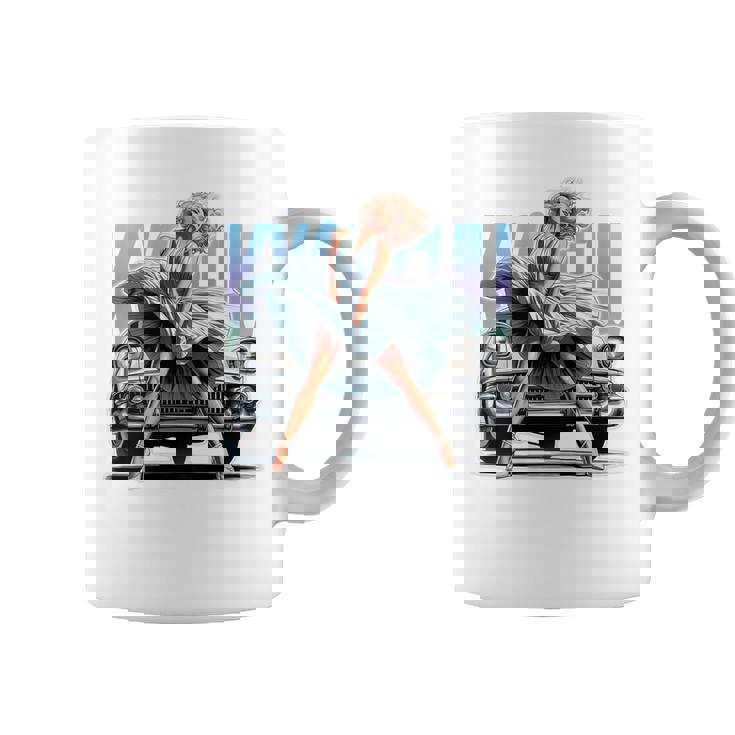 強風ピンナップガールとオールドアメ車のバックプリント コーヒーマグ