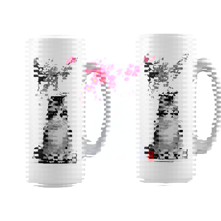 日本の墨絵マンチキン猫 桜 桜アート コーヒーマグ