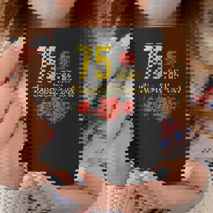 75歳 祝福され愛されたバラの花 フローラル 75歳の誕生日 コーヒーマグ 面白い贈り物