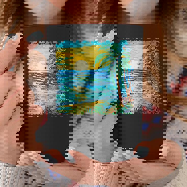 トロピカルビーチ 太陽 オーシャン ヤシの木 ゴッホスタイル アートデザイン コーヒーマグ 面白い贈り物