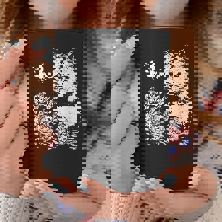 バラと蝶の猫、花柄 コーヒーマグ 面白い贈り物