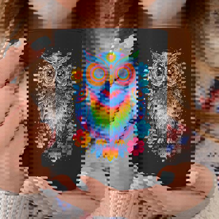 フクロウと花 カラフルなアートワーク フクロウの恋人 コーヒーマグ 面白い贈り物