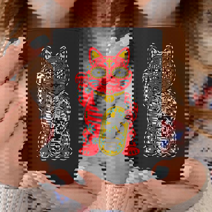 メキシコ 死者の日 と 招き猫 ネコ を組合わせた シュガー スカル キャット 赤 レッド 大吉 猫好き ねこマニア コーヒーマグ 面白い贈り物