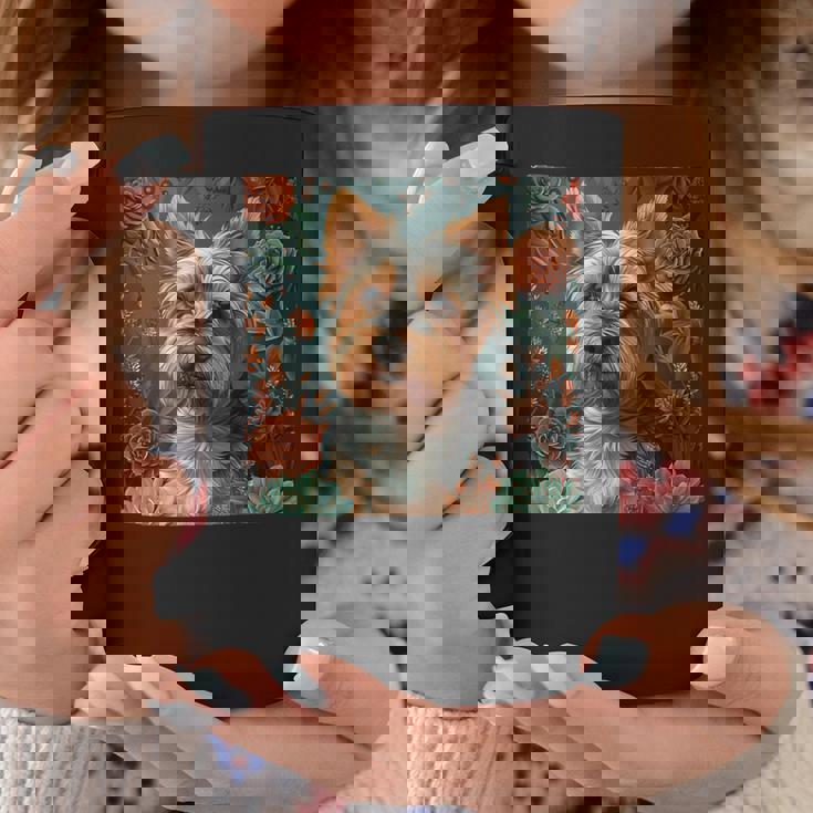 ヨークシャーテリア、ボーホースタイルのグラフィックの周りに多肉植物が描かれています。 コーヒーマグ 面白い贈り物