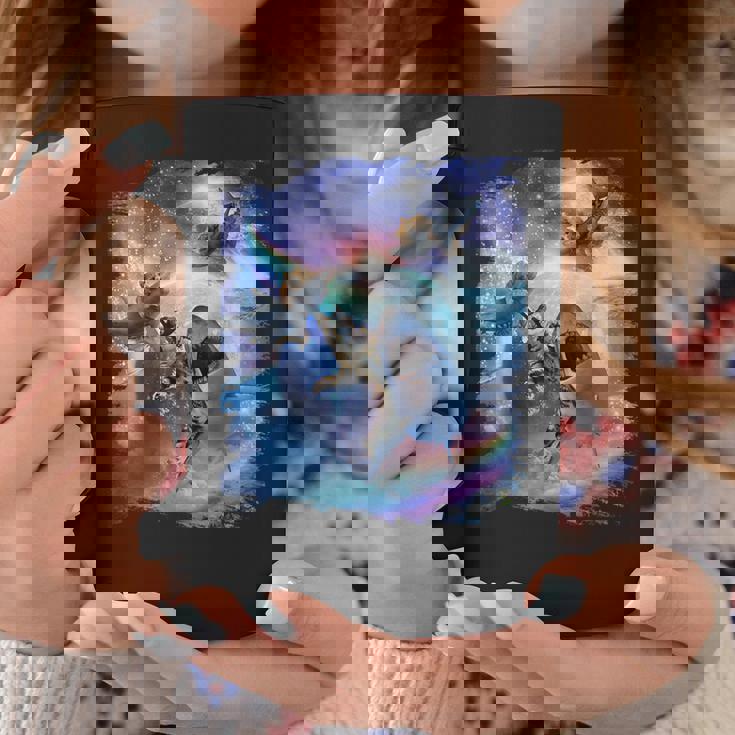 レインボーギャラクシー 宇宙に乗るサメに乗る猫 コーヒーマグ 面白い贈り物