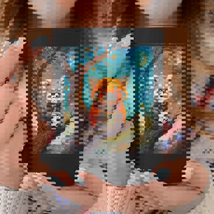 愛らしいレッサーパンダとティーカップの星月夜イラスト コーヒーマグ 面白い贈り物