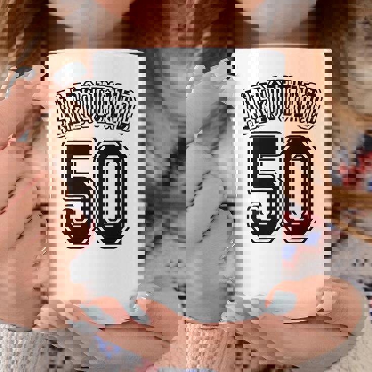 【バックプリント・背中側】Around 50 アラフィフ（五十歳 50才）ユニフォーム風 50代 誕生日プレゼント 面白 コーヒーマグ 面白い贈り物