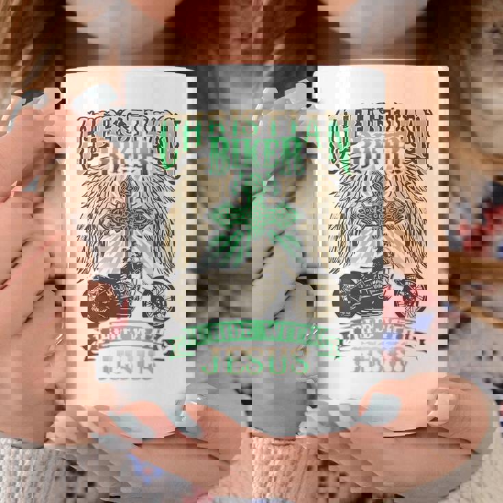 キリスト教バイカーライドウィズジーザスオートバイバックプリントデザイン コーヒーマグ 面白い贈り物