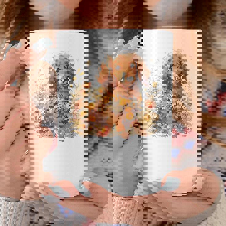 クリーム色の花のダックスフント 愛らしいミニドキシー犬 コーヒーマグ 面白い贈り物