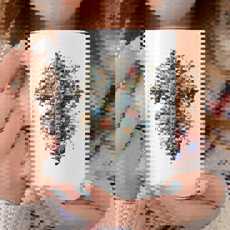 十字架 スピリチュアル キリスト 花 イエス 信仰 十字架 十字架 長袖tシャツ コーヒーマグ 面白い贈り物