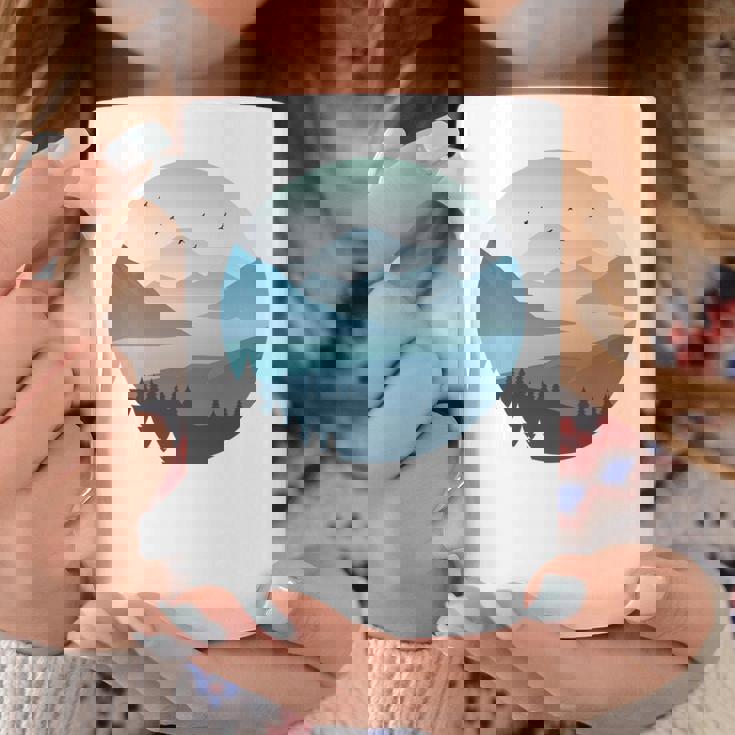 湖 森 風景 山 シルエット 長袖tシャツ コーヒーマグ 面白い贈り物