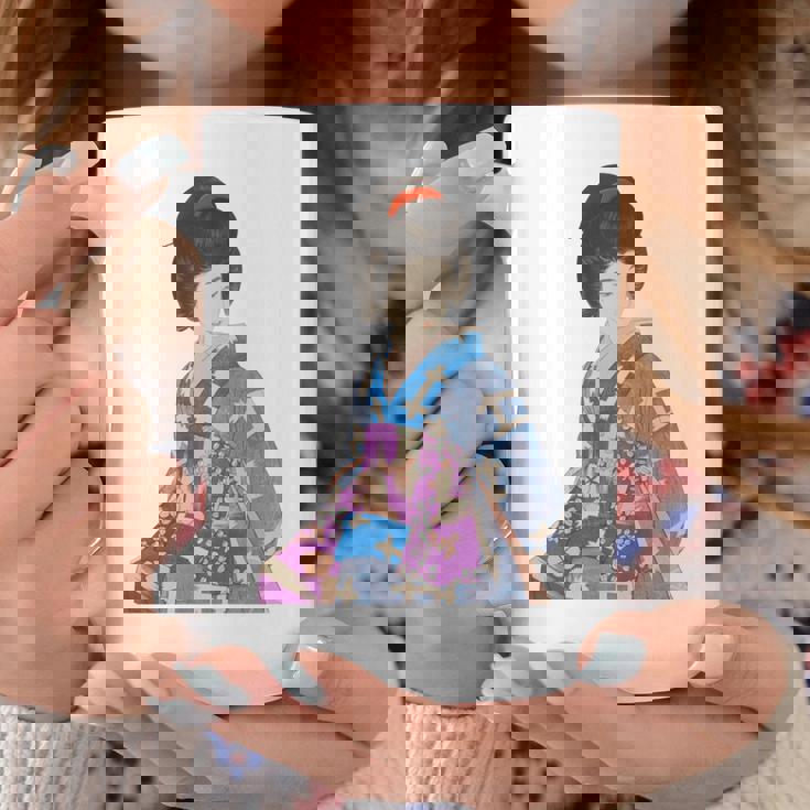 青い着物を着た美しい芸者 日本画 鳥居 言人 帯 美人画 新版画 日本画 長袖tシャツ コーヒーマグ 面白い贈り物